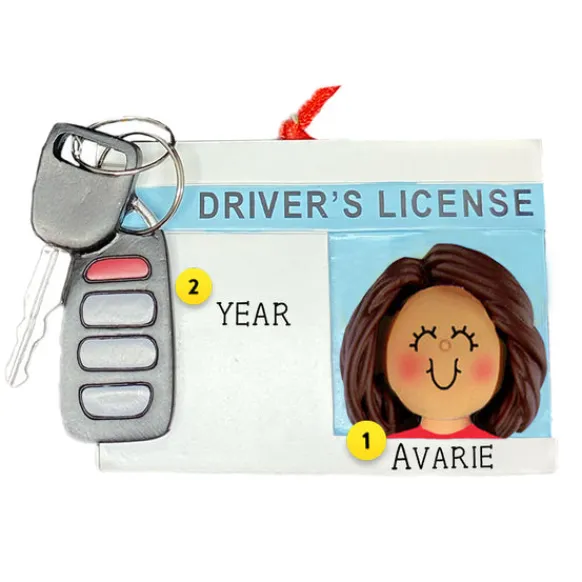 Sale Personalized Driver's License With Key Fob Ornament - Female, Brown Hair New Drivers
