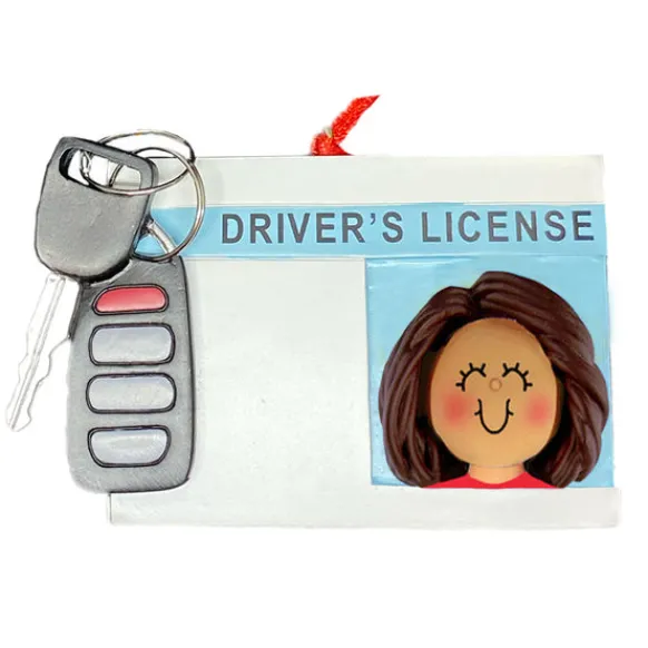 Sale Personalized Driver's License With Key Fob Ornament - Female, Brown Hair New Drivers