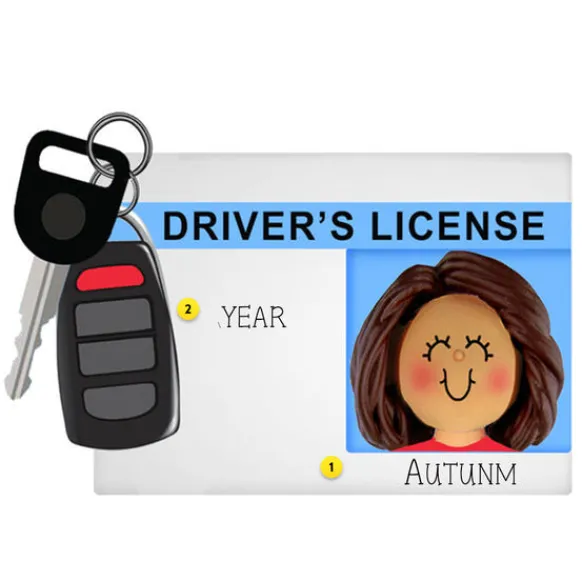 Sale Personalized Driver's License With Key Fob Ornament - Female, Brown Hair New Drivers